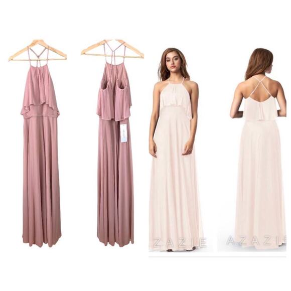 NWT Azazie Emmalyn Dusty Rose Pink Bridesmaid Dress Maxi Gown Halter A2 2 XS - Picture 1 of 13